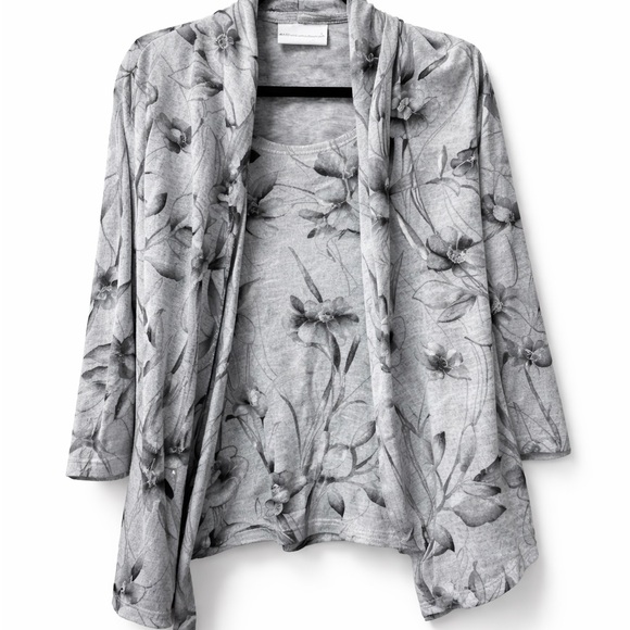 Alfred Dunner Sweaters - Alfred Dunner Gray Floral 2pc Cardigan Tank Set L Stretch